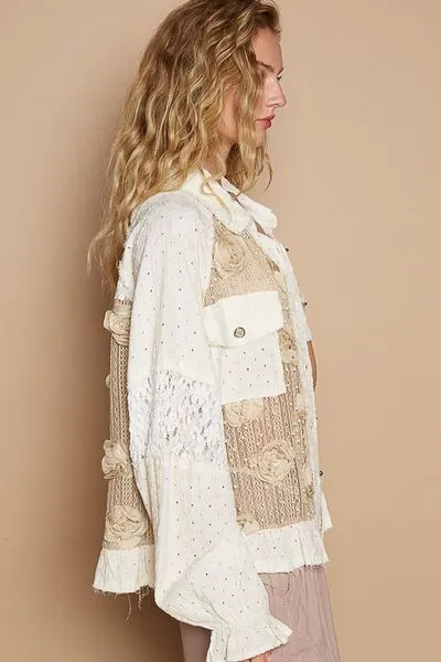 Eyelet Flower Pearl Detail Lace Patchwork Jacket Shirt