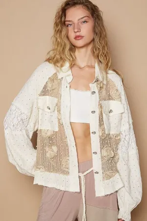 Eyelet Flower Pearl Detail Lace Patchwork Jacket Shirt