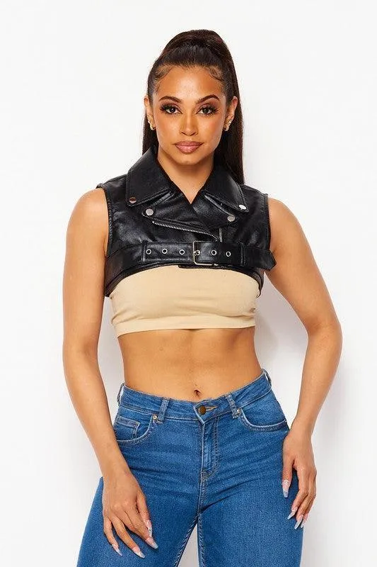 FAUX LEATHER VEST CROP