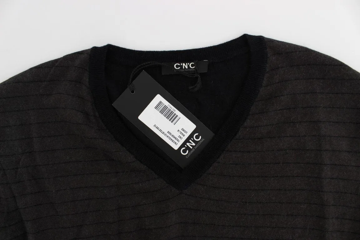 Gray Black Striped V-neck Sweater