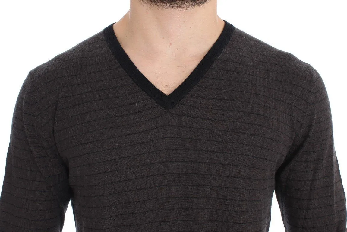 Gray Black Striped V-neck Sweater