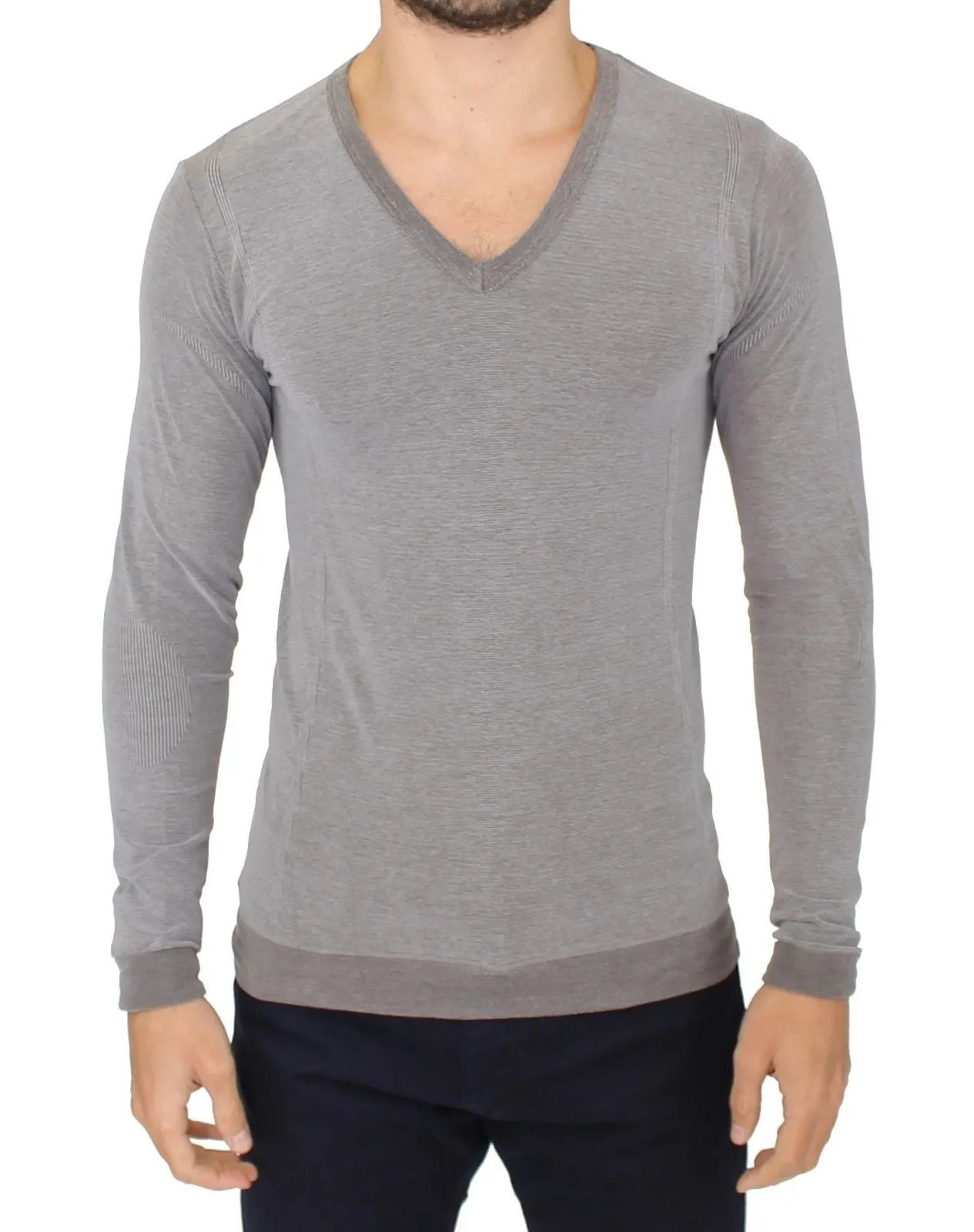 Gray Cotton Stretch V-neck Pullover Sweater