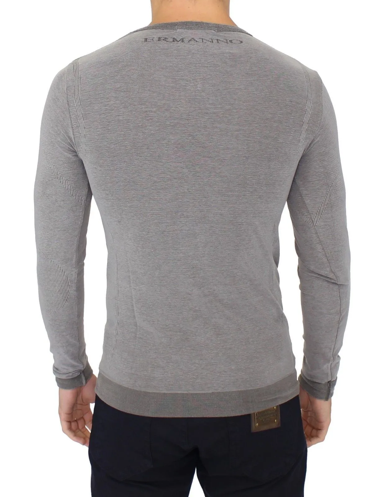 Gray Cotton Stretch V-neck Pullover Sweater