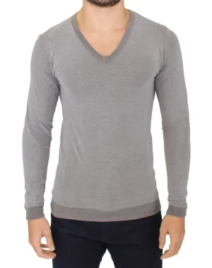 Gray Cotton Stretch V-neck Pullover Sweater