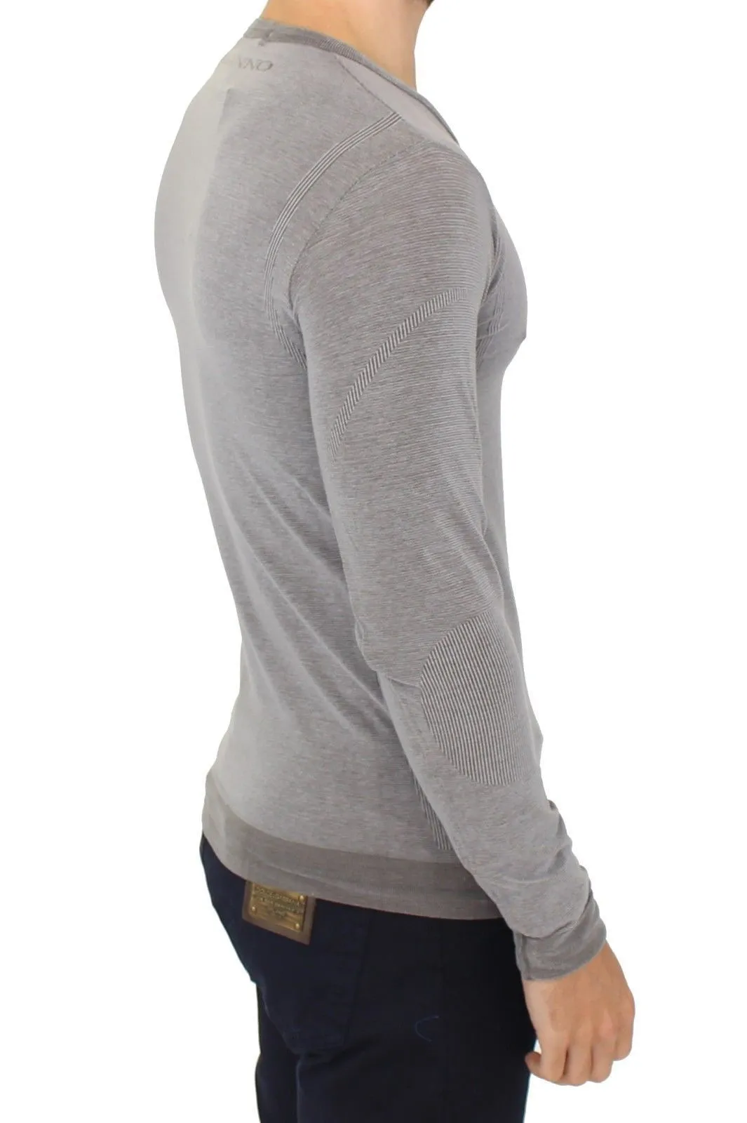 Gray Cotton Stretch V-neck Pullover Sweater