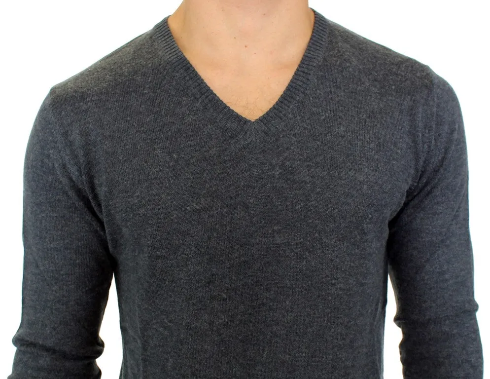 Gray Wool Blend Mens V-neck Pullover Sweater