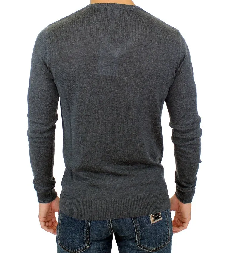 Gray Wool Blend Mens V-neck Pullover Sweater