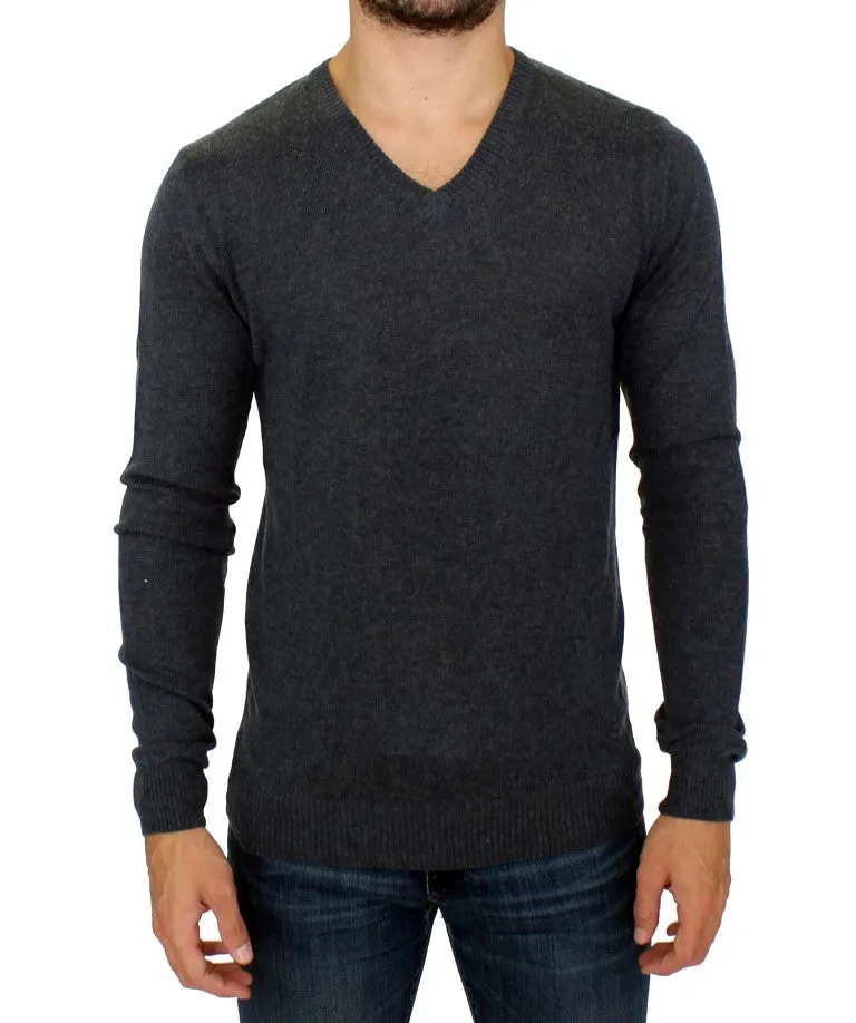 Gray Wool Blend Mens V-neck Pullover Sweater