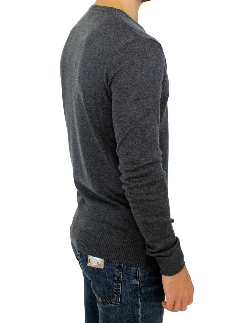 Gray Wool Blend Mens V-neck Pullover Sweater