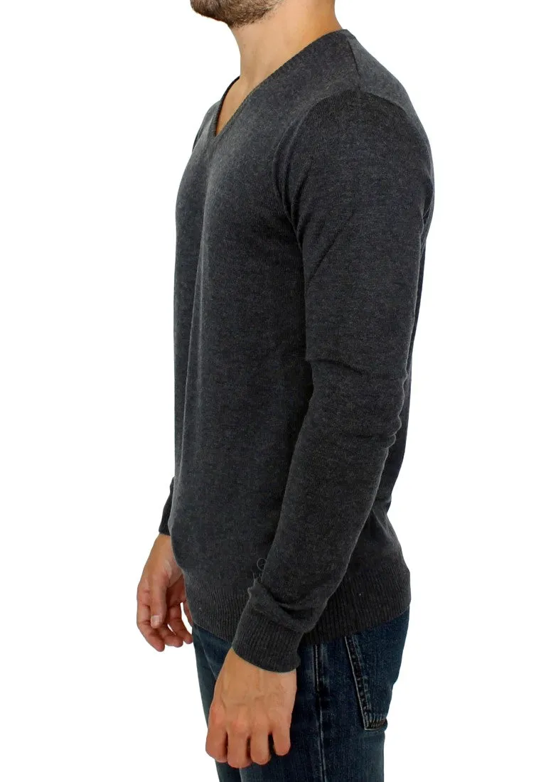 Gray Wool Blend Mens V-neck Pullover Sweater