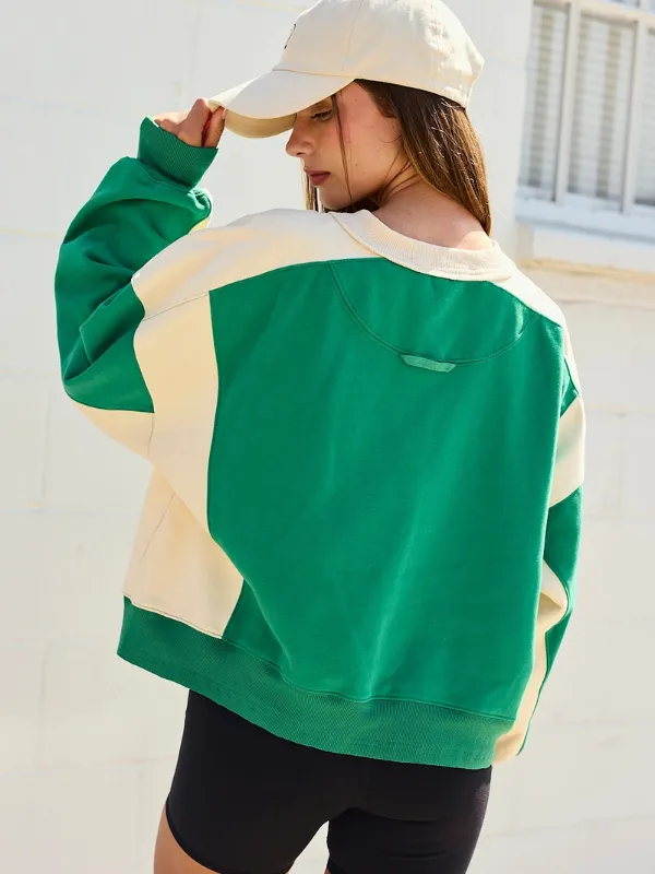 Green & Cream Colorblock Pullover
