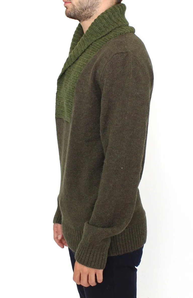 Green Knitted Wool V-neck Pullover Sweater