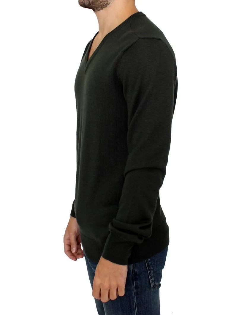 Green striped V-neck sweater