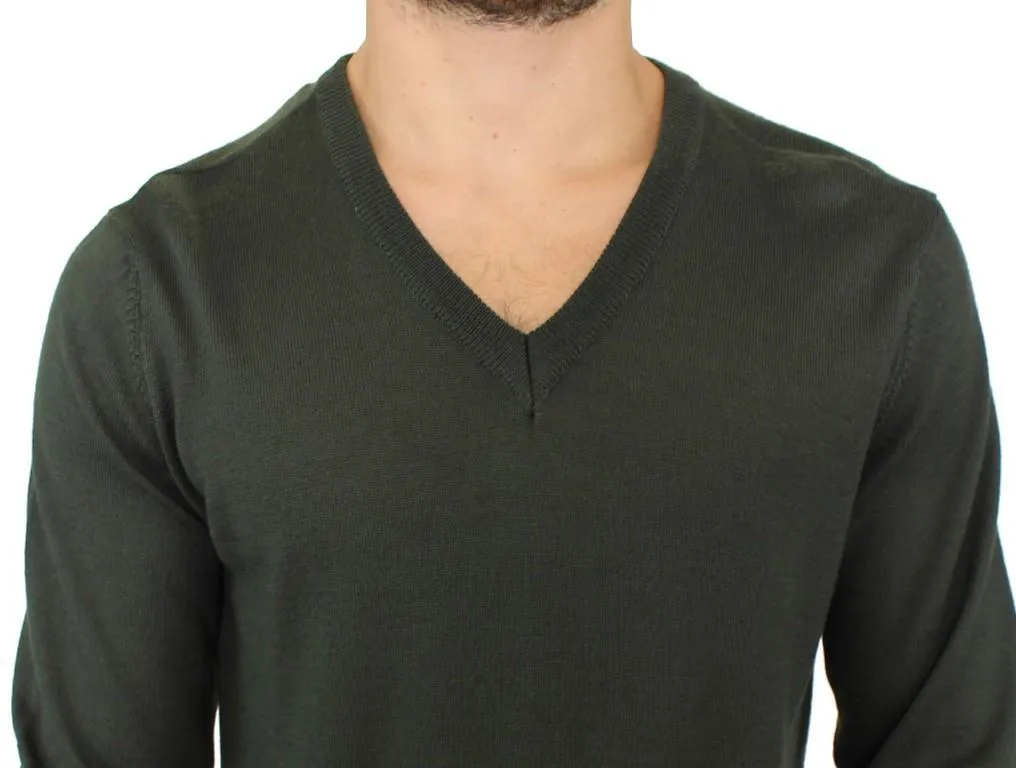 Green striped V-neck sweater