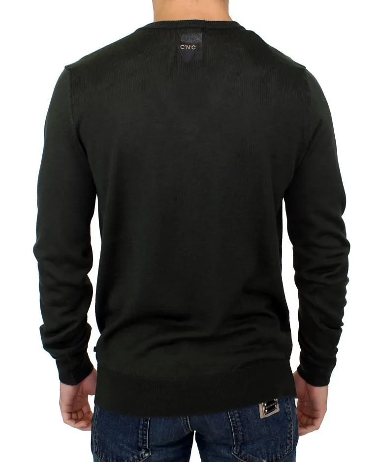 Green striped V-neck sweater