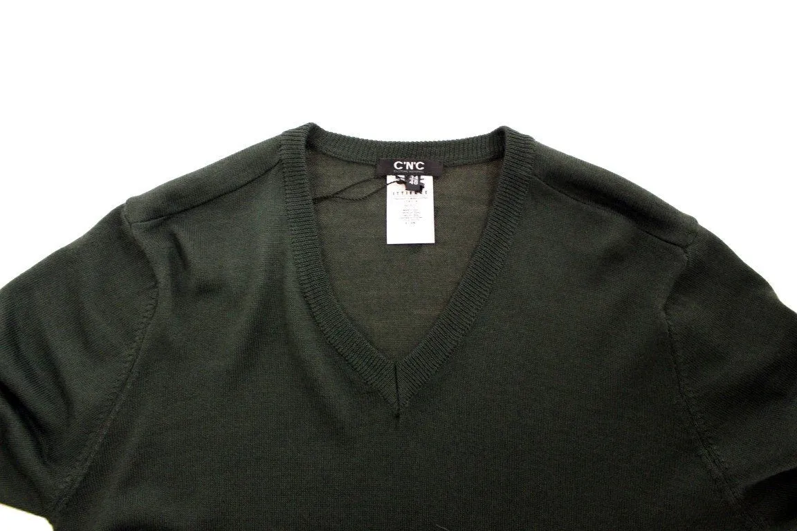 Green striped V-neck sweater
