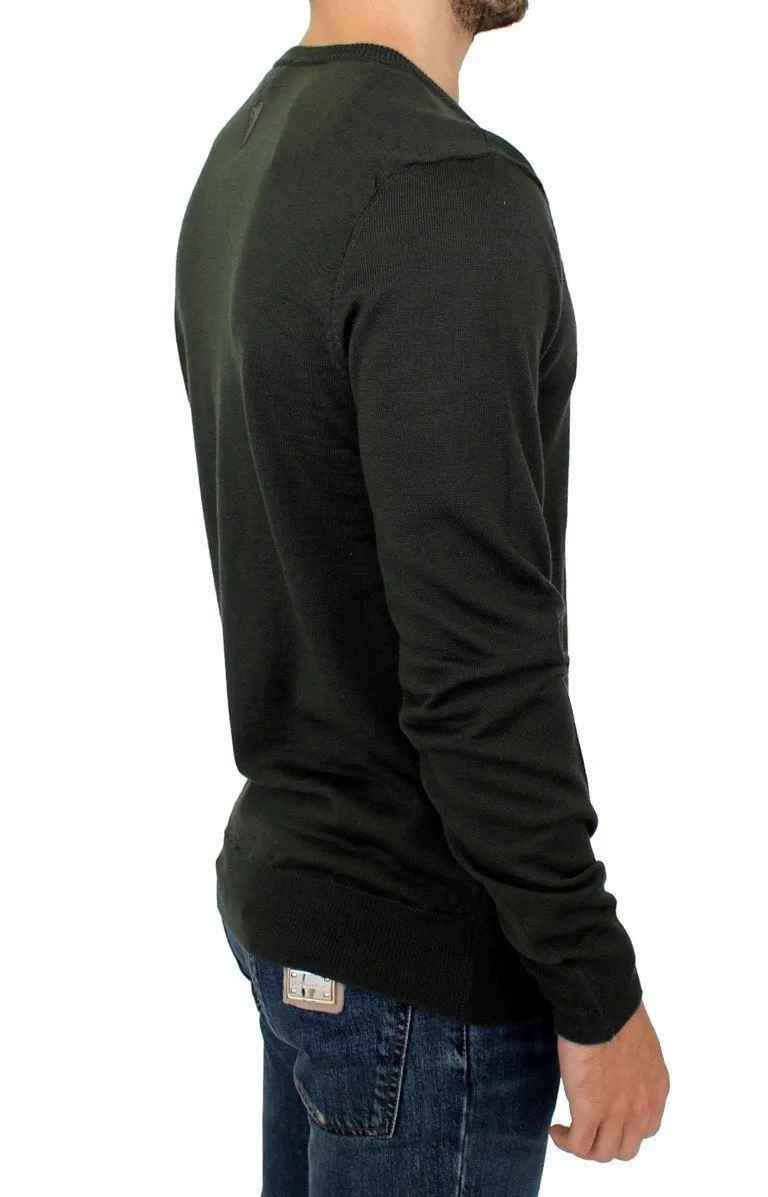 Green striped V-neck sweater