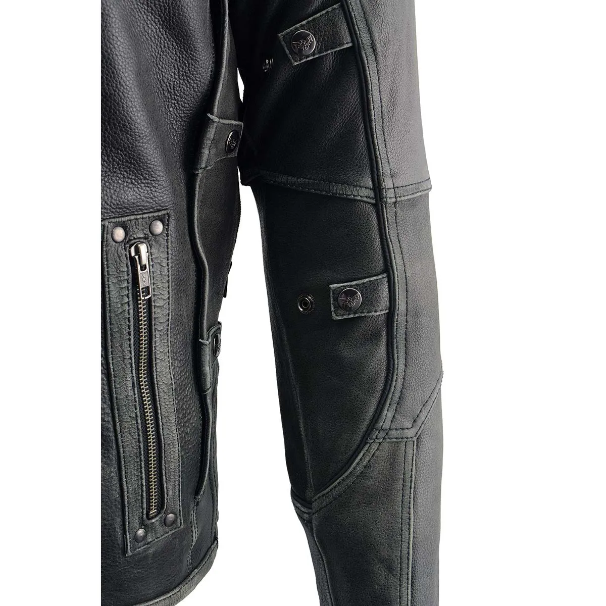 Grey MLM1536 Mens Vintage Distressed Grey Leather Scooter Style Motorcycle Jacket - Reflective Piping