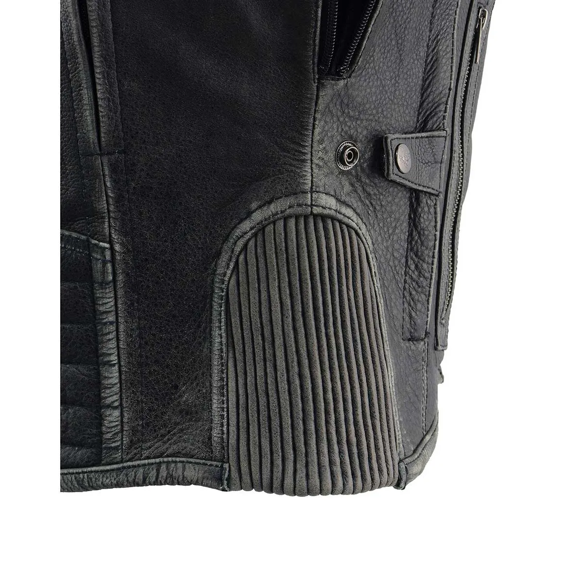Grey MLM1536 Mens Vintage Distressed Grey Leather Scooter Style Motorcycle Jacket - Reflective Piping