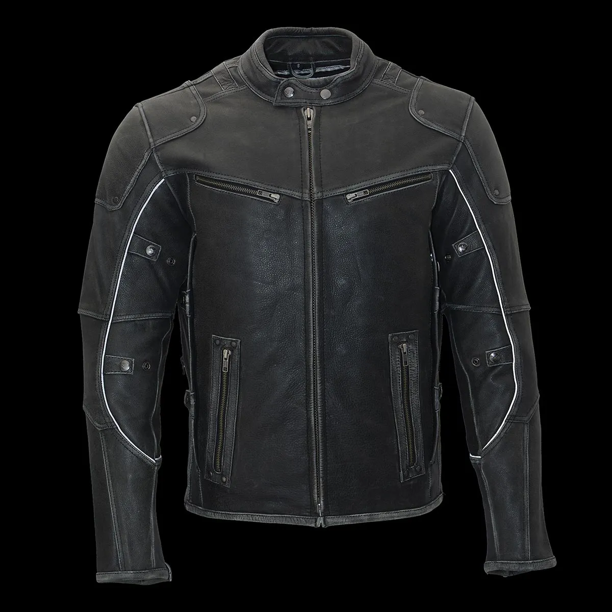Grey MLM1536 Mens Vintage Distressed Grey Leather Scooter Style Motorcycle Jacket - Reflective Piping