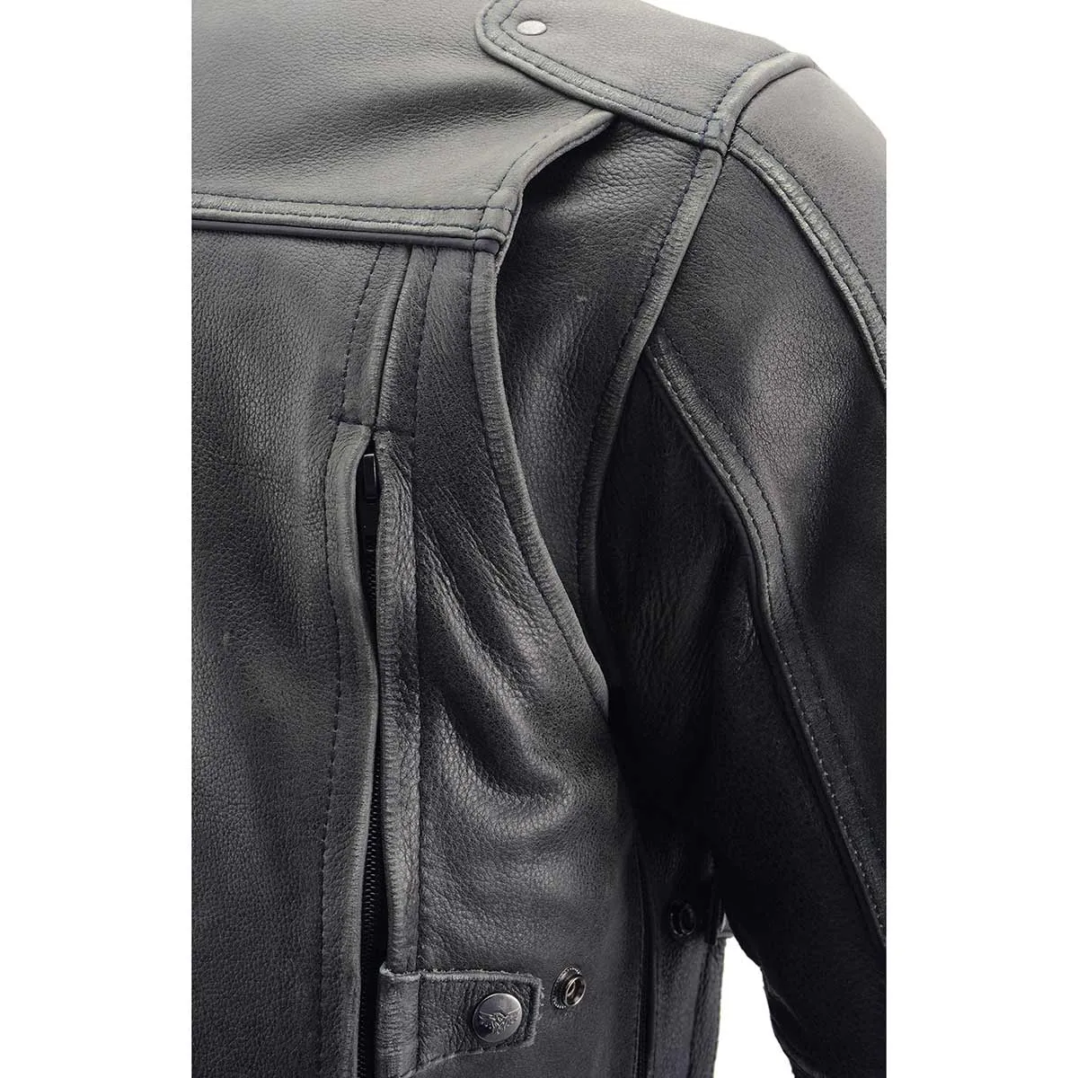 Grey MLM1536 Mens Vintage Distressed Grey Leather Scooter Style Motorcycle Jacket - Reflective Piping