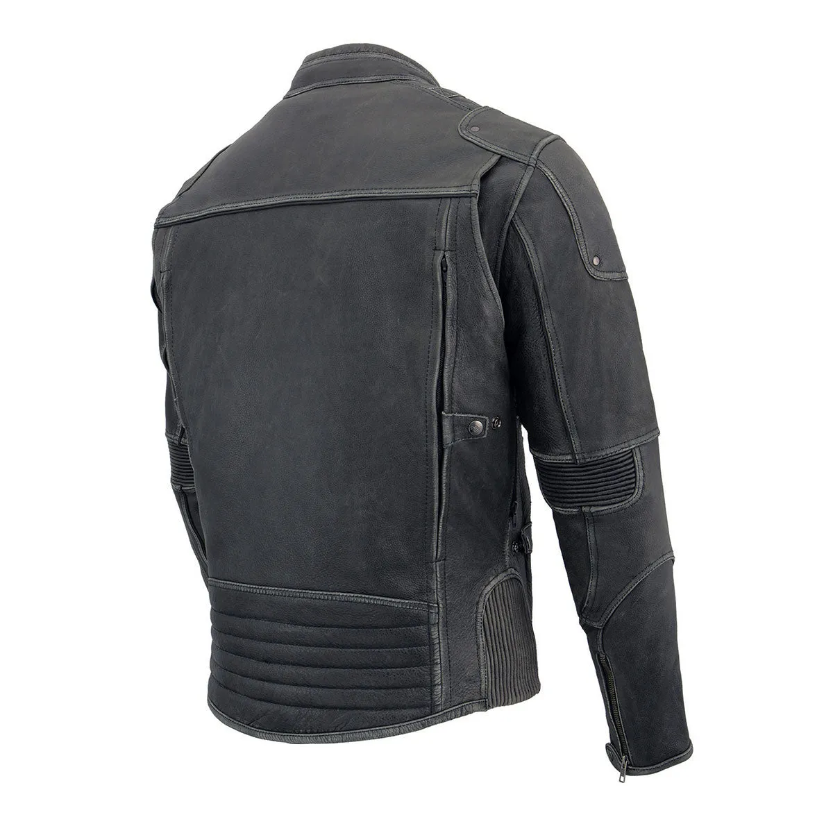 Grey MLM1536 Mens Vintage Distressed Grey Leather Scooter Style Motorcycle Jacket - Reflective Piping