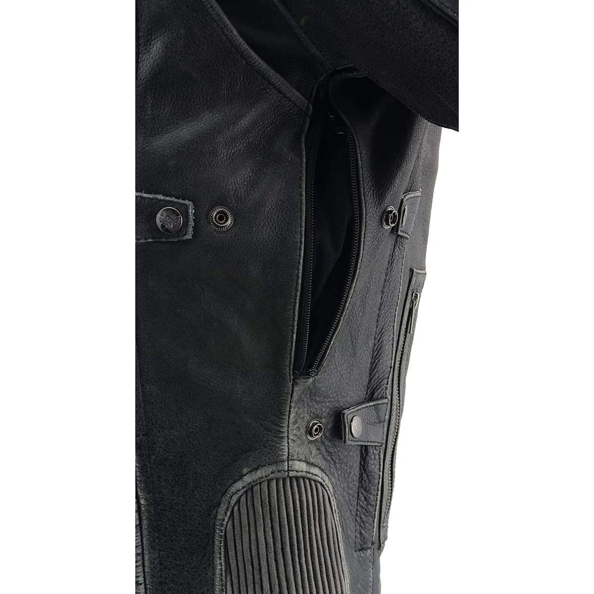 Grey MLM1536 Mens Vintage Distressed Grey Leather Scooter Style Motorcycle Jacket - Reflective Piping