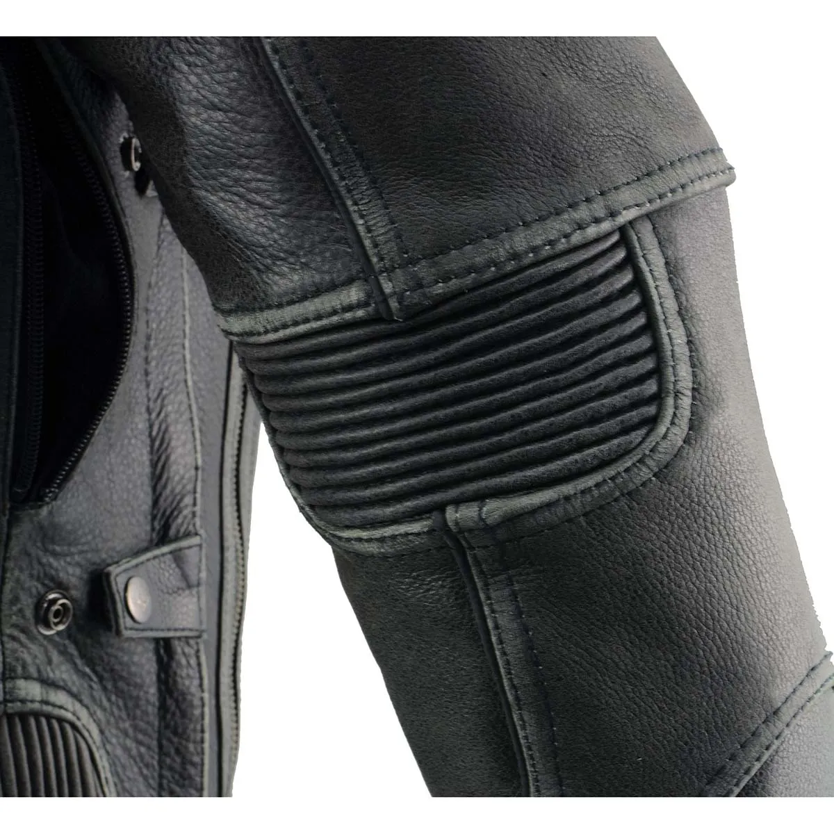 Grey MLM1536 Mens Vintage Distressed Grey Leather Scooter Style Motorcycle Jacket - Reflective Piping