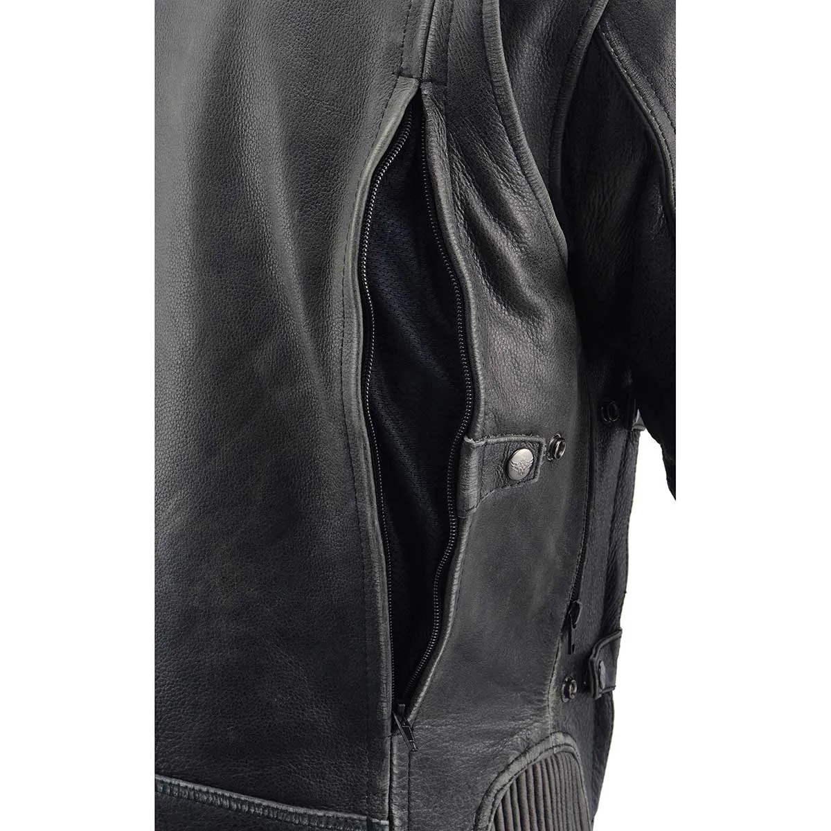 Grey MLM1536 Mens Vintage Distressed Grey Leather Scooter Style Motorcycle Jacket - Reflective Piping