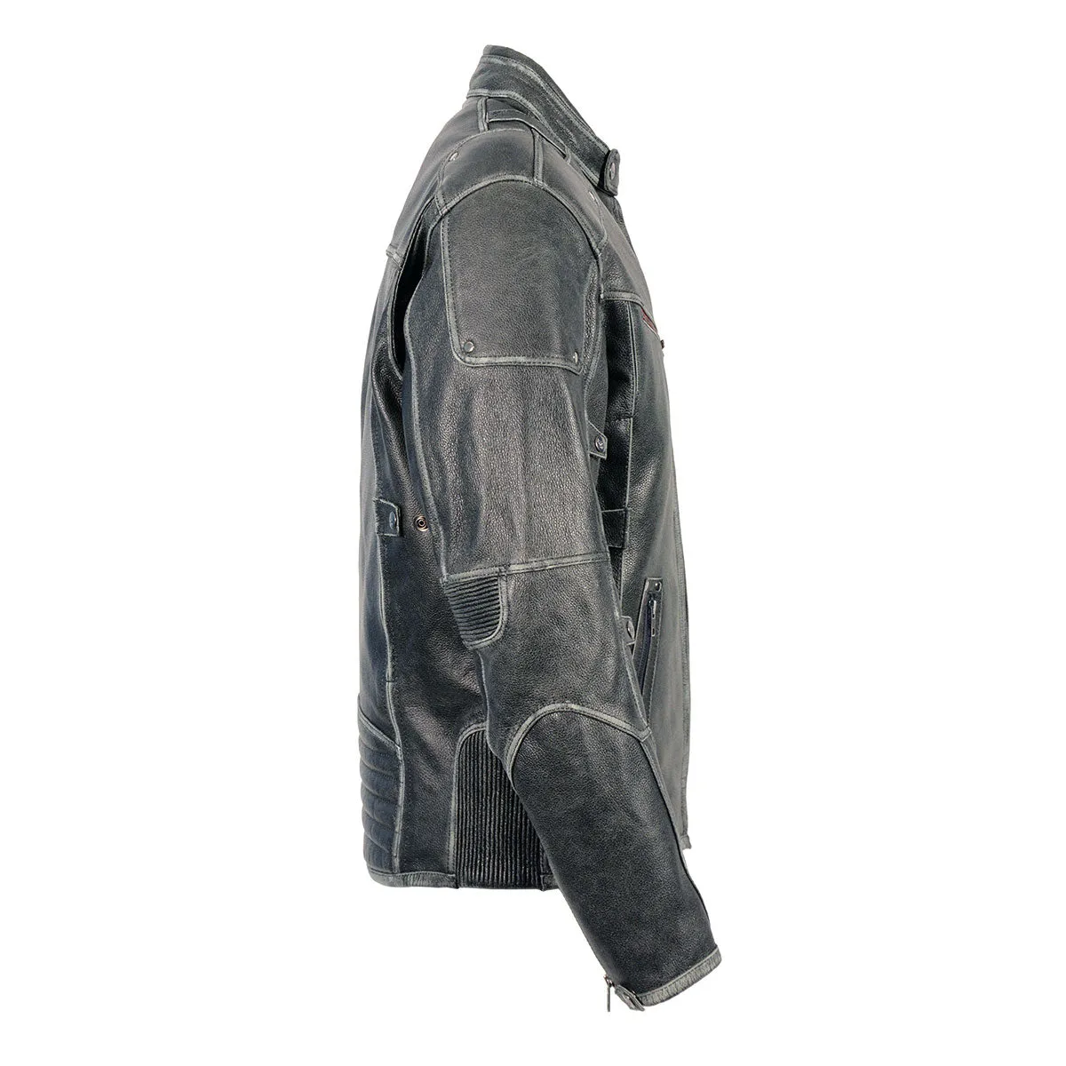 Grey MLM1536 Mens Vintage Distressed Grey Leather Scooter Style Motorcycle Jacket - Reflective Piping
