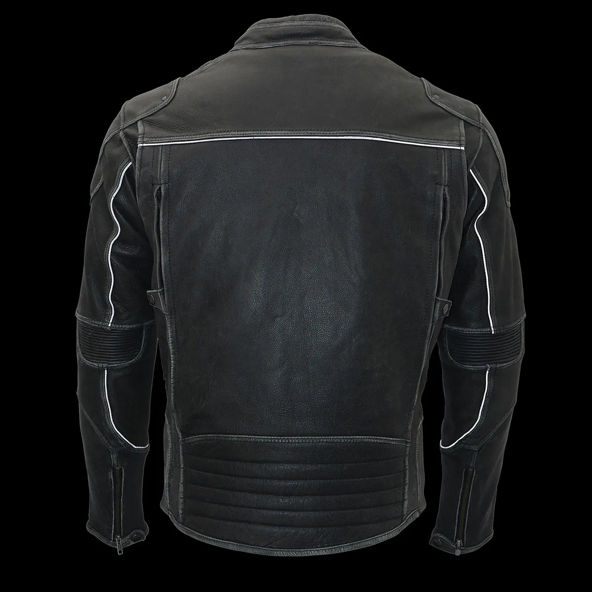 Grey MLM1536 Mens Vintage Distressed Grey Leather Scooter Style Motorcycle Jacket - Reflective Piping