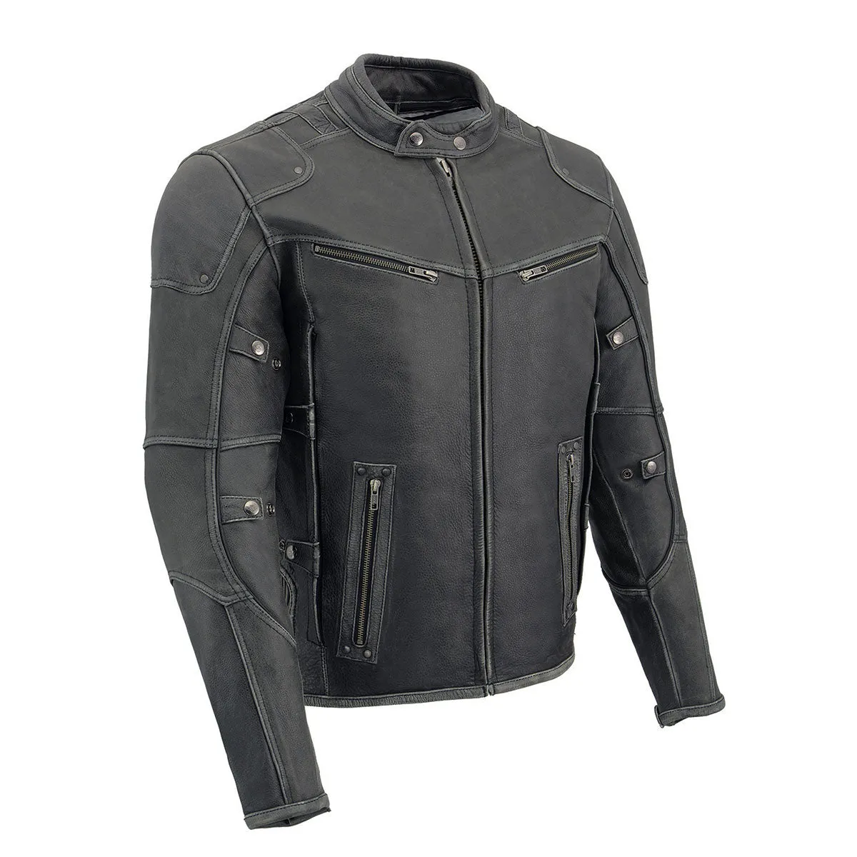 Grey MLM1536 Mens Vintage Distressed Grey Leather Scooter Style Motorcycle Jacket - Reflective Piping