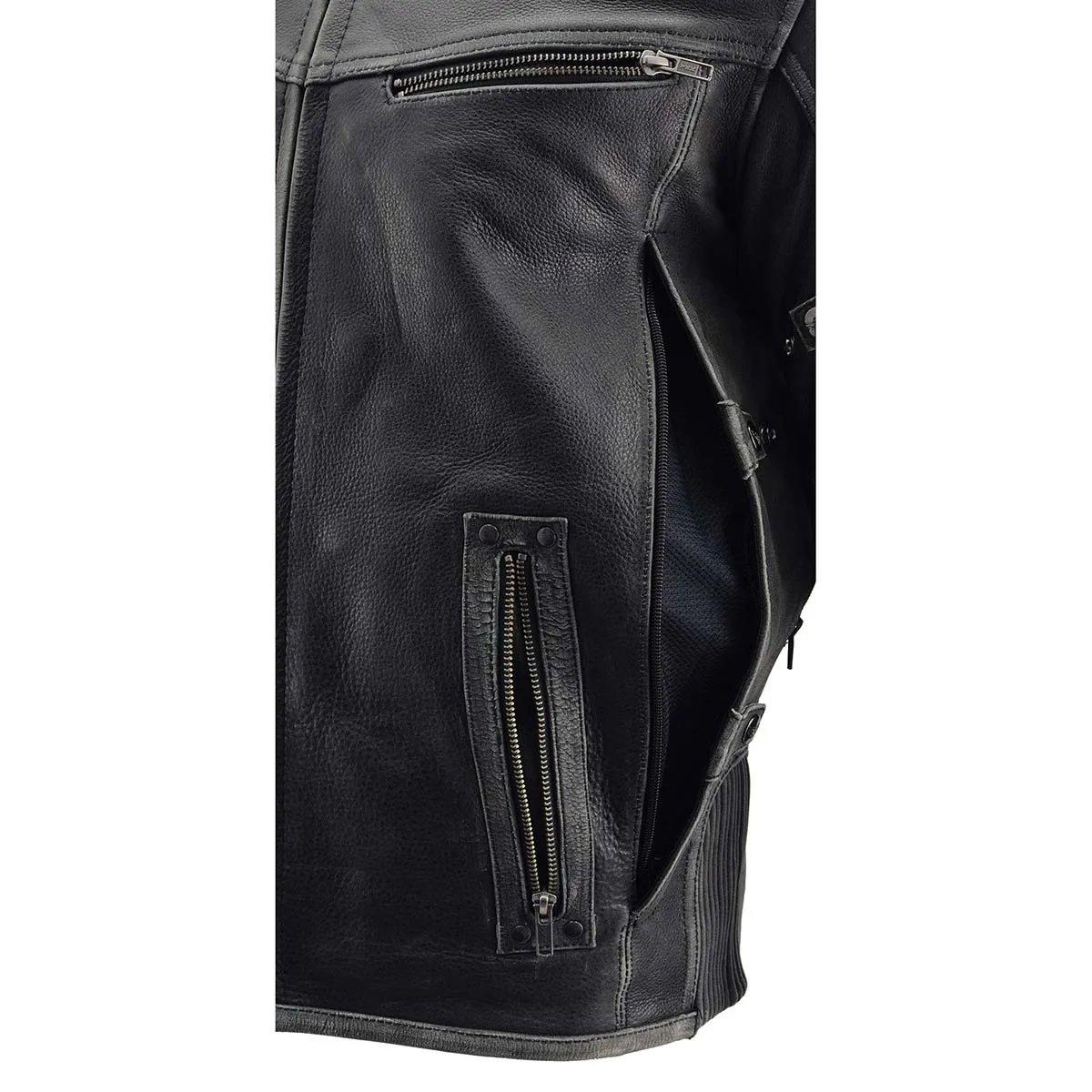 Grey MLM1536 Mens Vintage Distressed Grey Leather Scooter Style Motorcycle Jacket - Reflective Piping