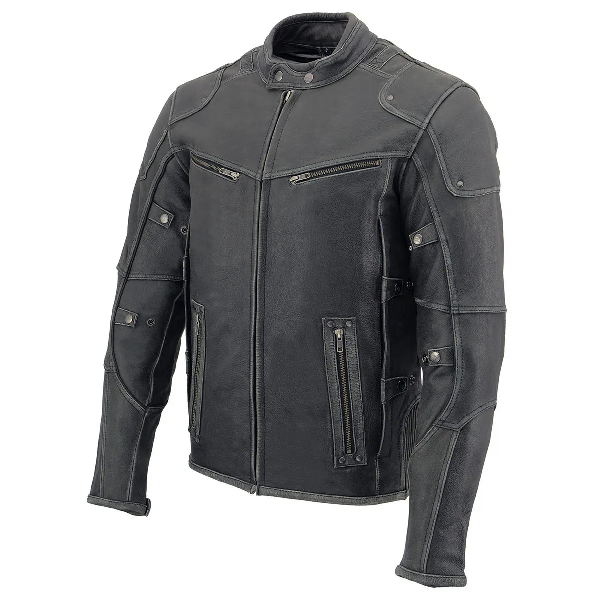 Grey MLM1536 Mens Vintage Distressed Grey Leather Scooter Style Motorcycle Jacket - Reflective Piping