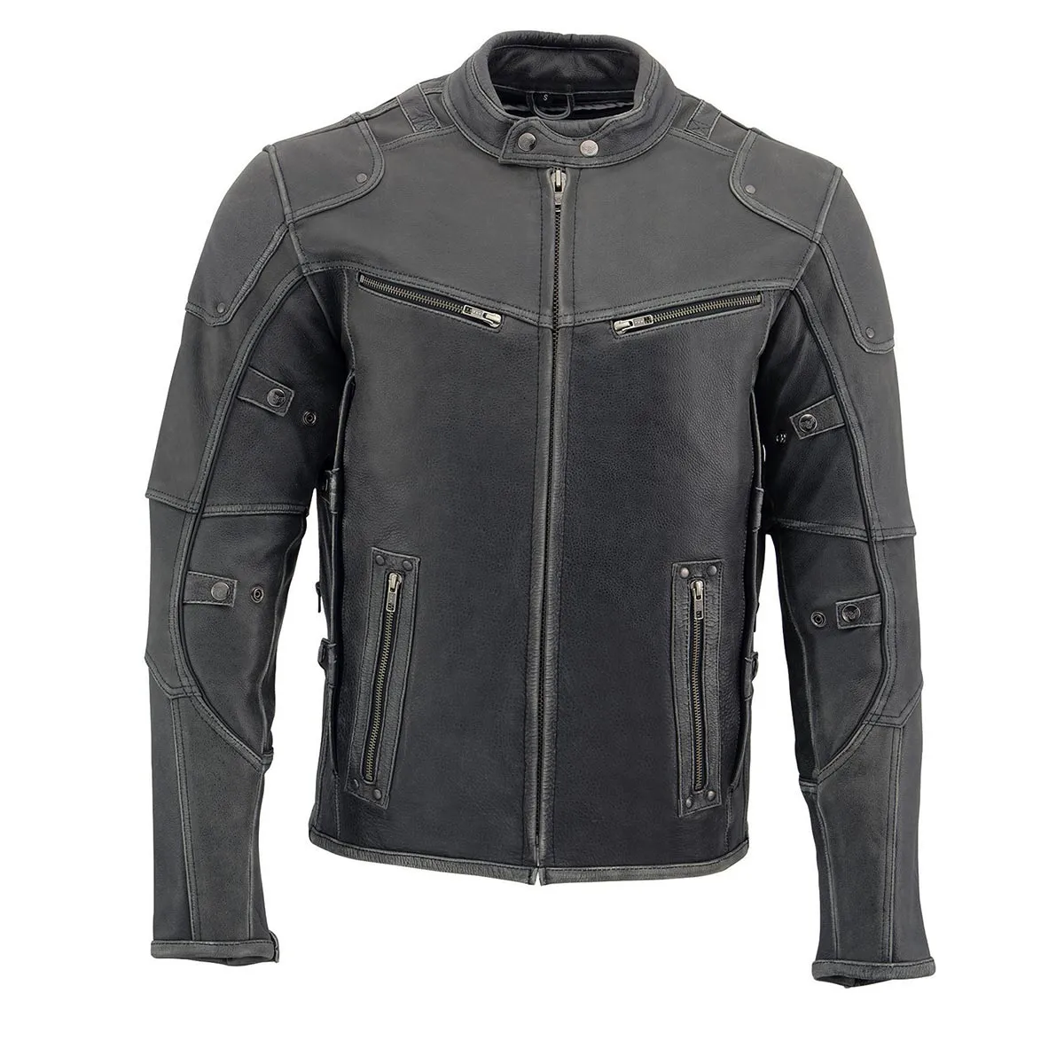 Grey MLM1536 Mens Vintage Distressed Grey Leather Scooter Style Motorcycle Jacket - Reflective Piping
