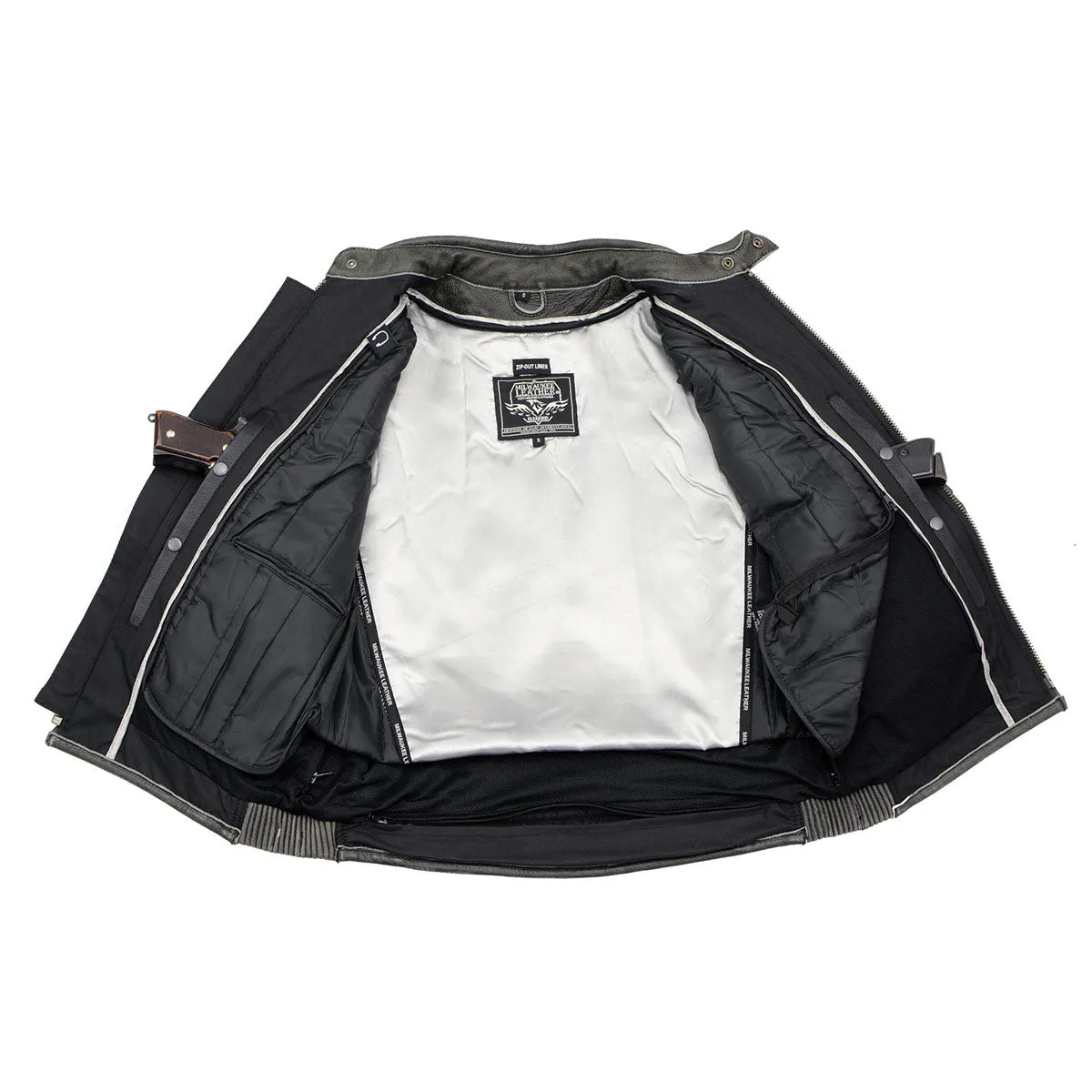 Grey MLM1536 Mens Vintage Distressed Grey Leather Scooter Style Motorcycle Jacket - Reflective Piping