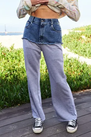 Grey Raw Hem Denim Patchwork Wide Leg Pants