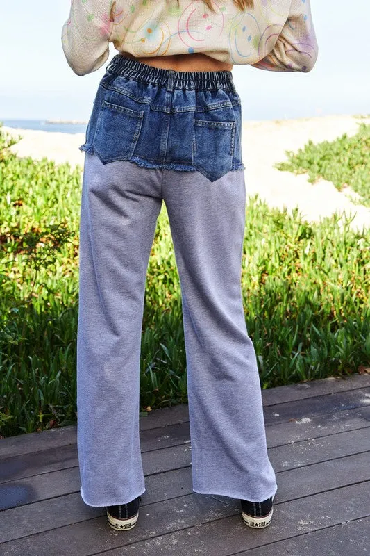 Grey Raw Hem Denim Patchwork Wide Leg Pants