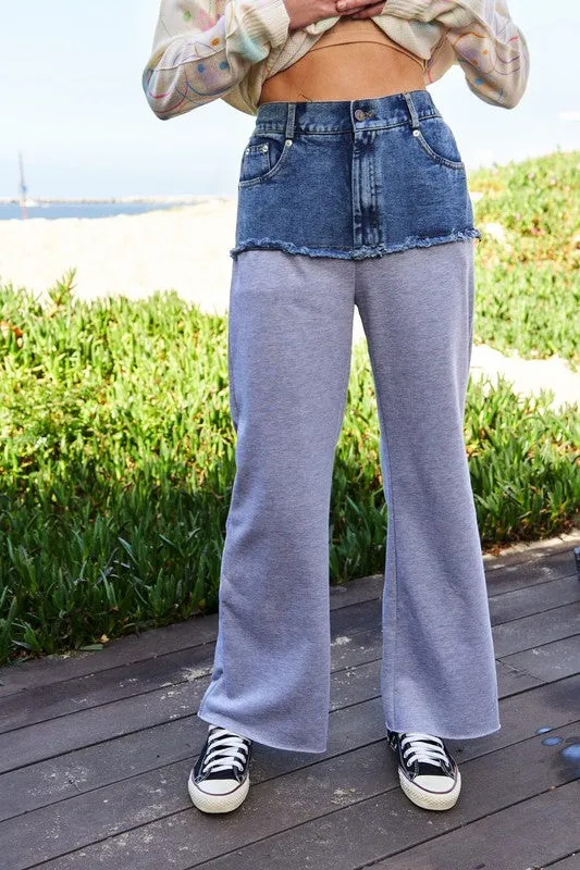 Grey Raw Hem Denim Patchwork Wide Leg Pants