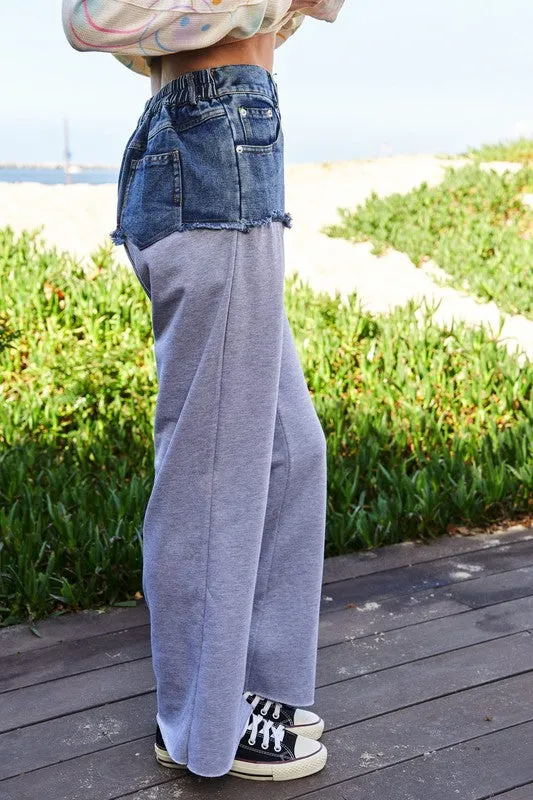 Grey Raw Hem Denim Patchwork Wide Leg Pants