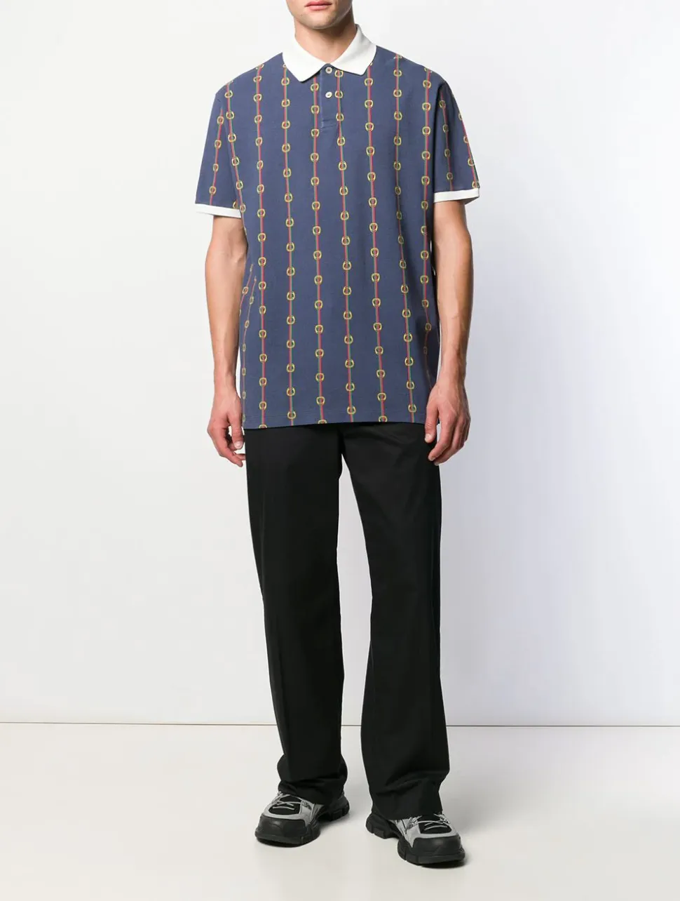 Gucci Horse-bit Chain Print Polo Shirt in Blue