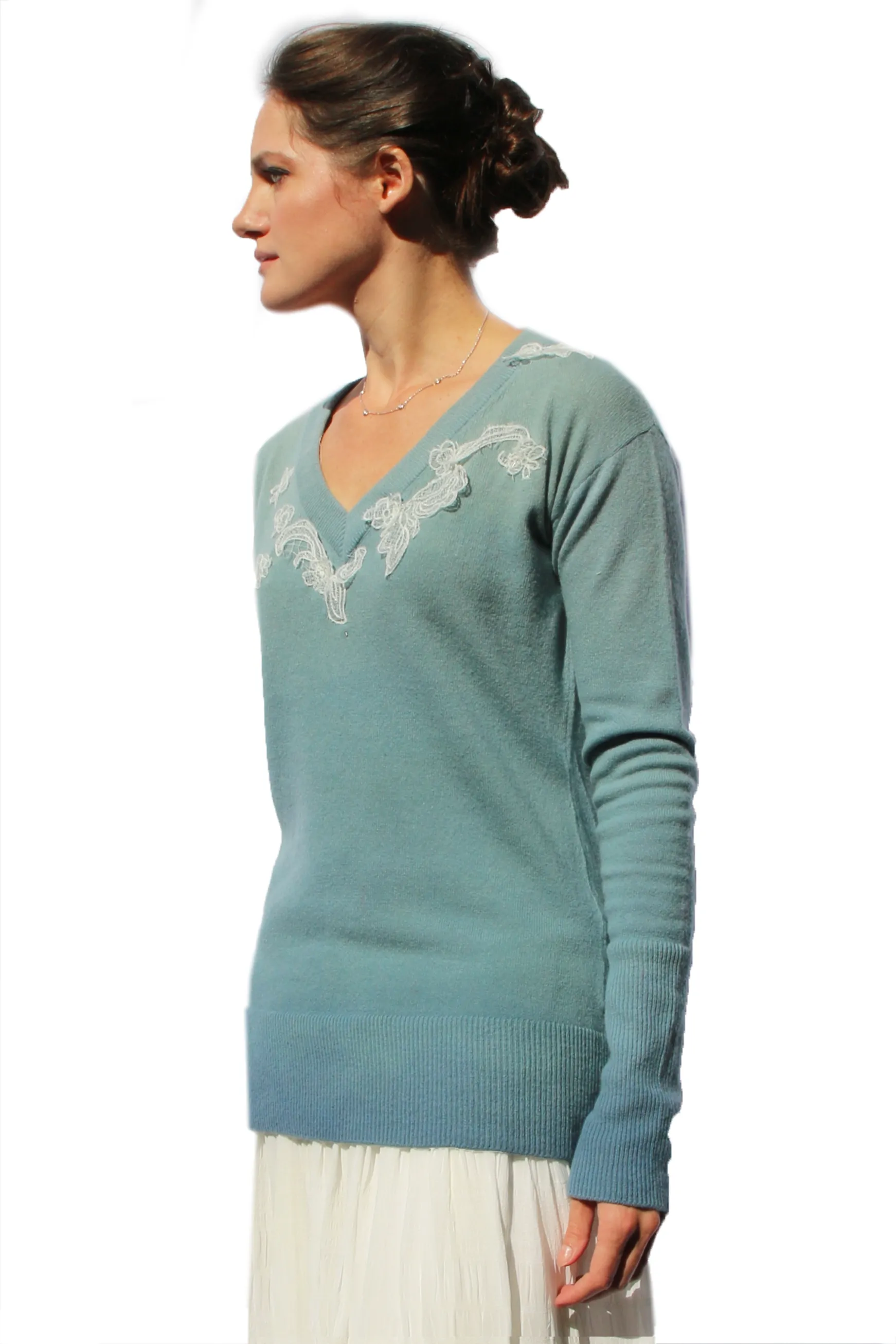 Hand Applied White Lace Appliqué Individually Dyed Sweater