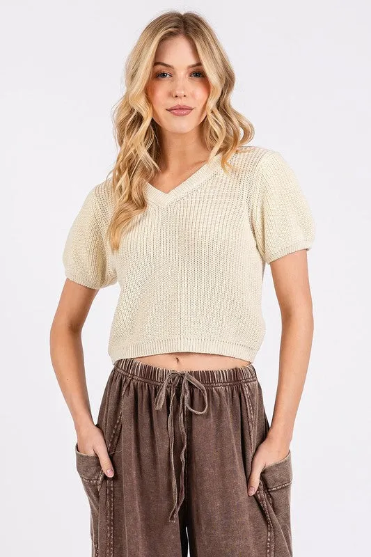 Hazel Blues® |  Mittoshop V-Neck Short Sleeve Crop Sweater
