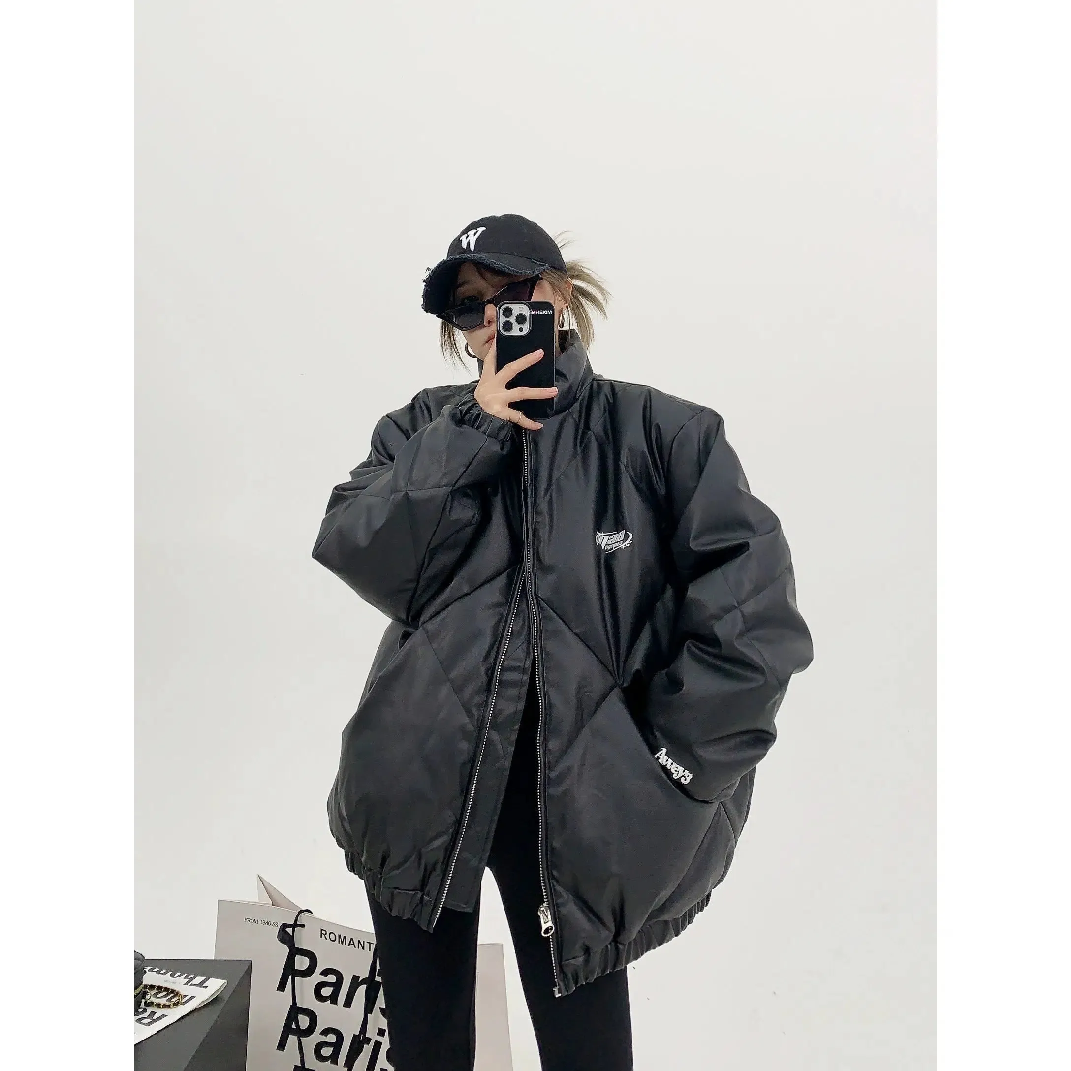 High Collar Leather Down Jacket