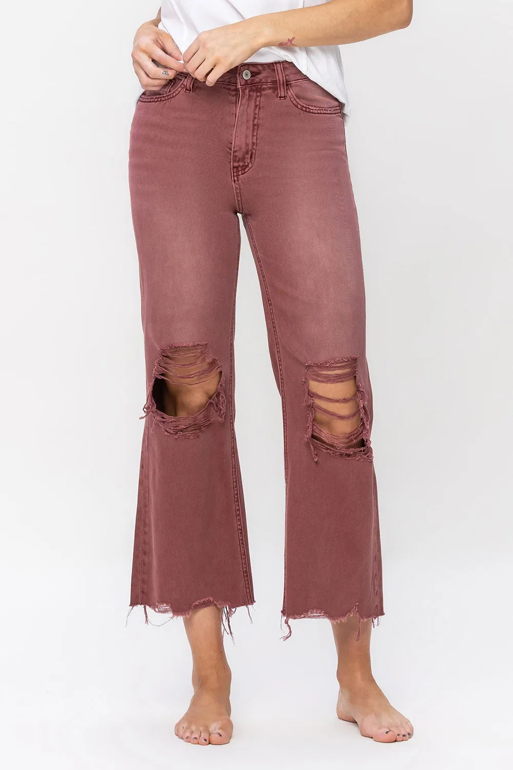 High Rise Cropped Flare Distressed Jeans in Wine