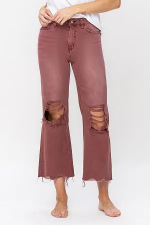 High Rise Cropped Flare Distressed Jeans in Wine