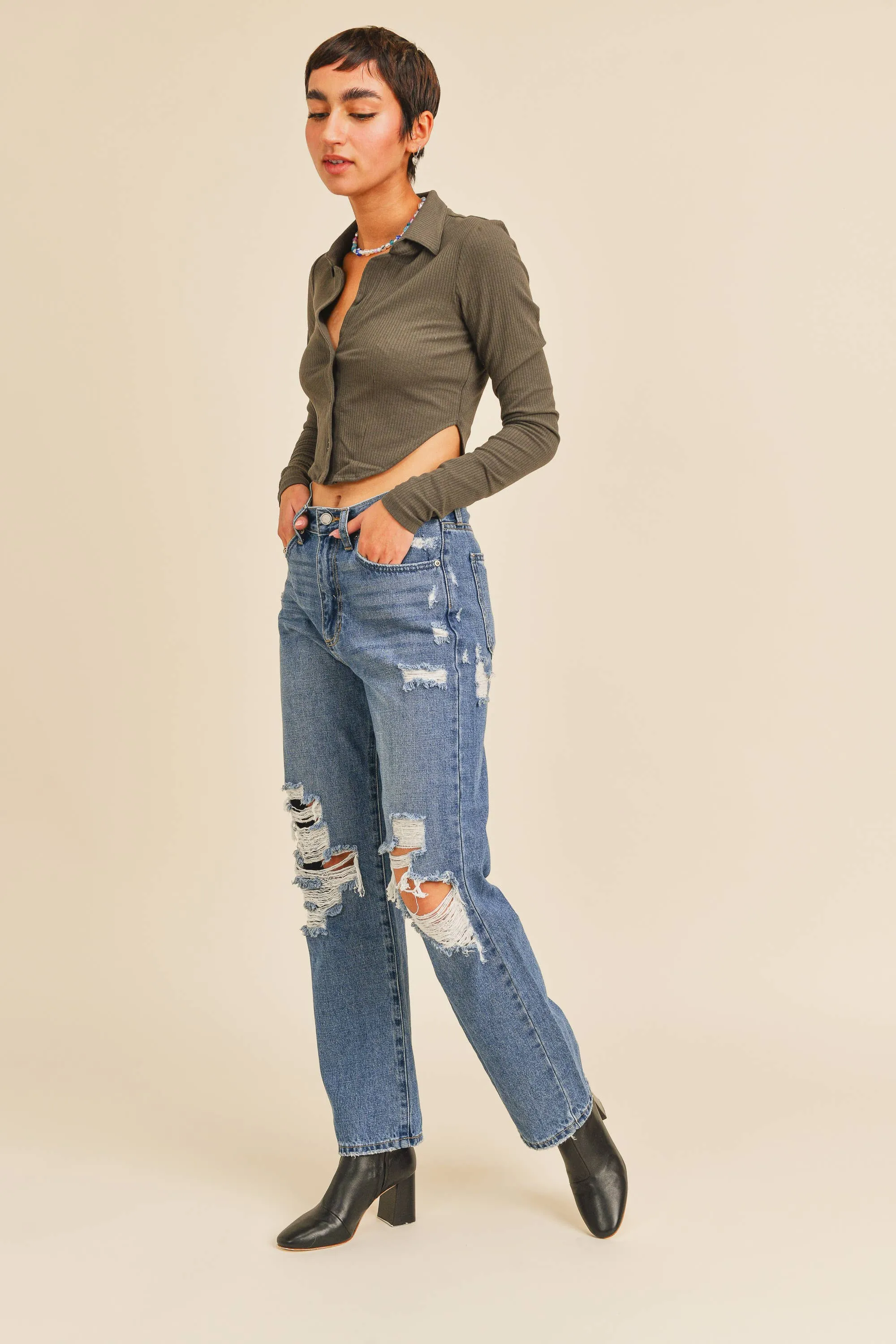 High Rise Distressed Dad Jean