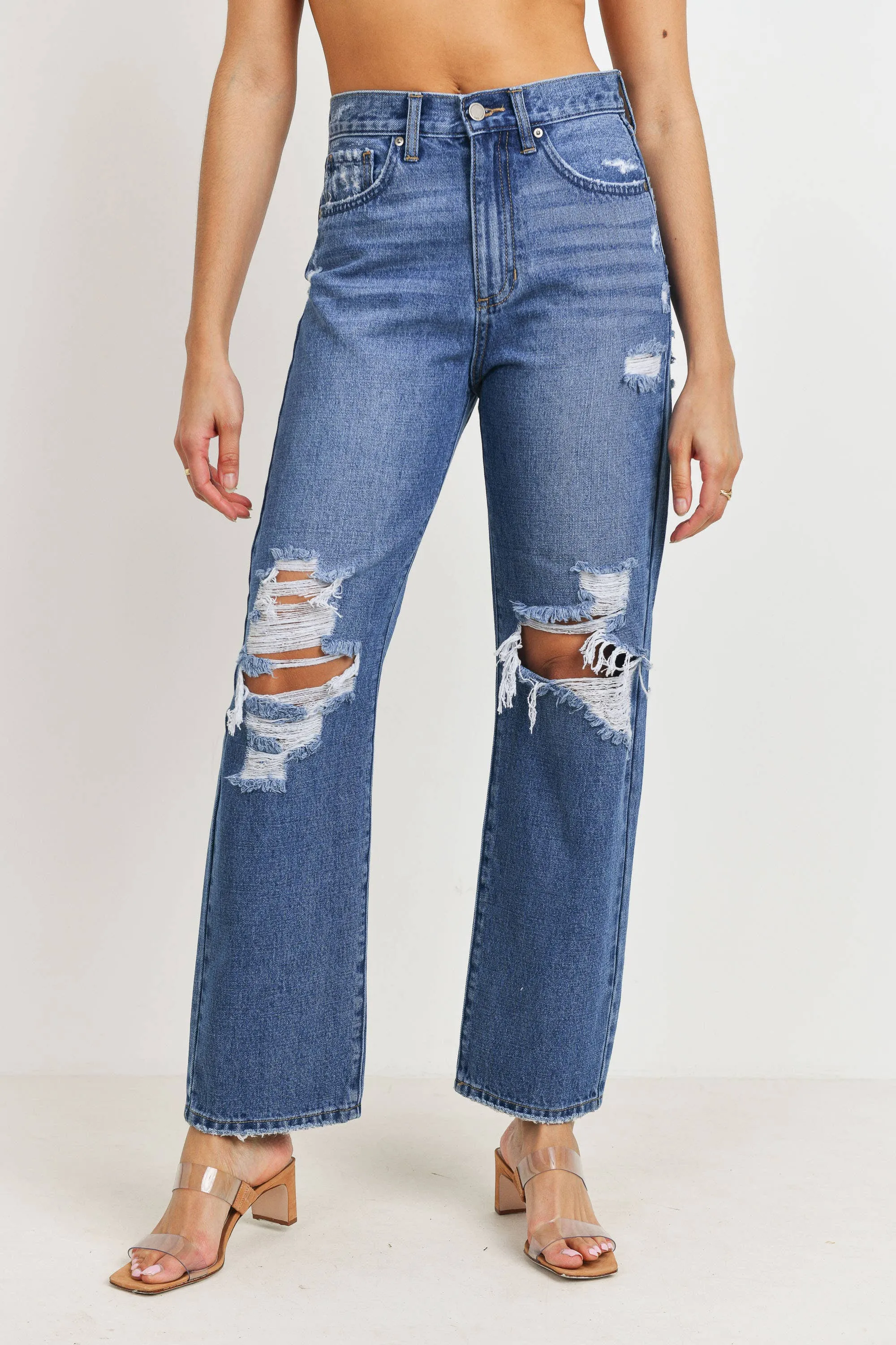 High Rise Distressed Dad Jean