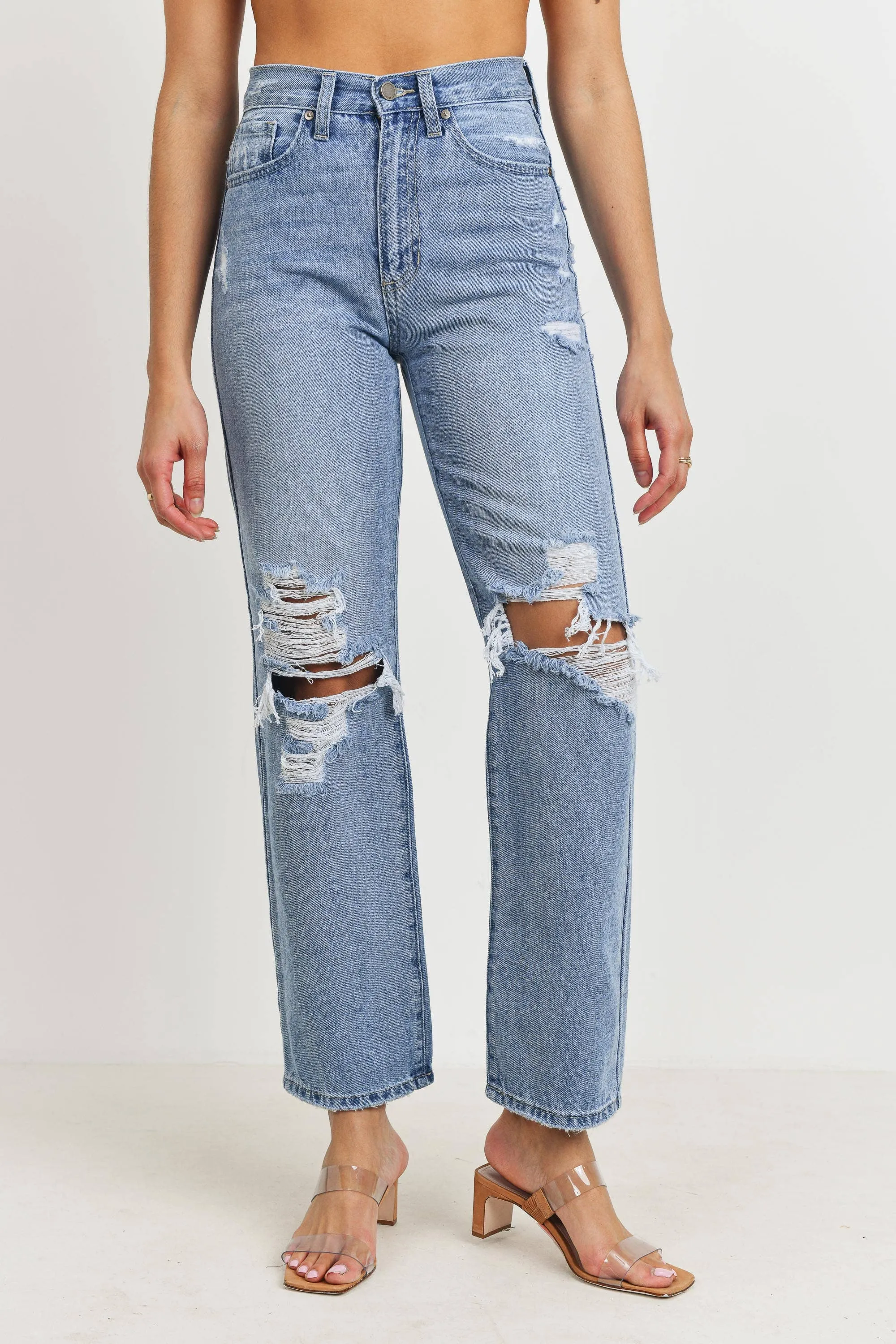 High Rise Distressed Dad Jean
