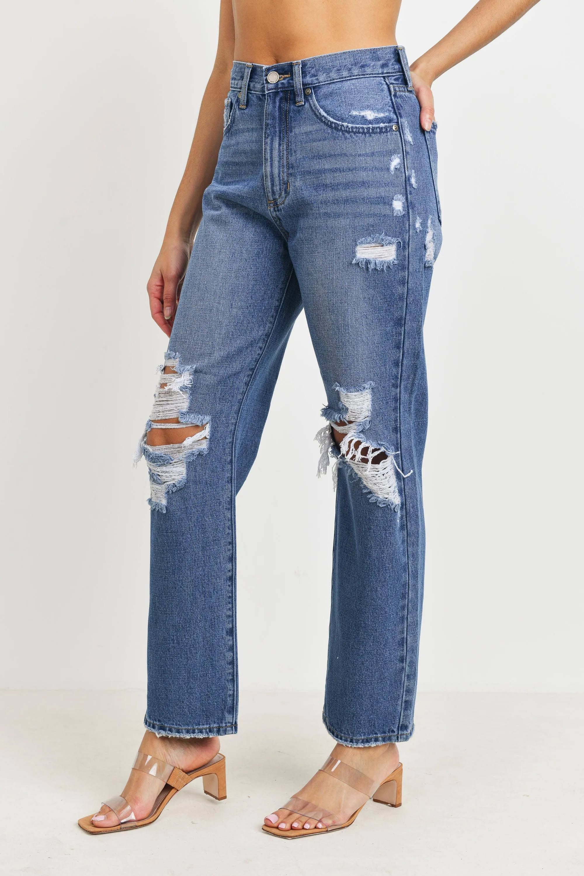 High Rise Distressed Dad Jean